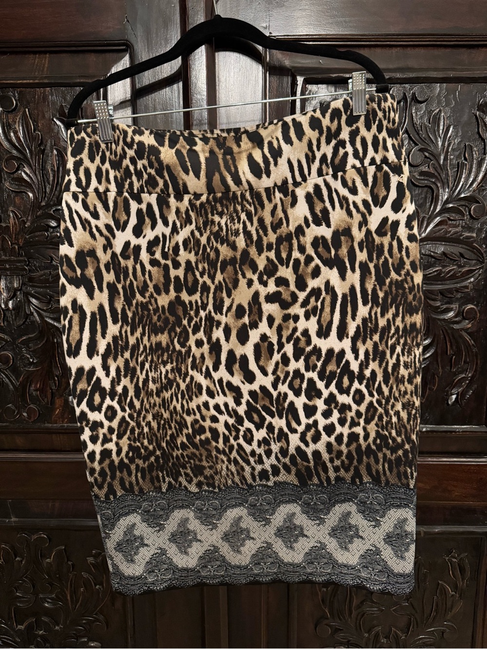Thalia Sodi Leopard Print Pencil Skirt with Gray Lace Trim